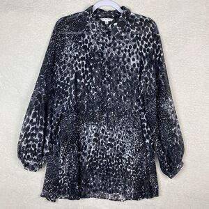 VTG CAbi Womens Large Button Up Blouse Animal Print Long Sleeve Black‎ Sheer